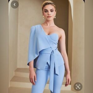 Lavish Alice One Shoulder Cape Jacket & Tapered Trousers in Cornflower Blue.